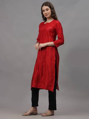 Red chanderi lucknowi chikankari kurta 1