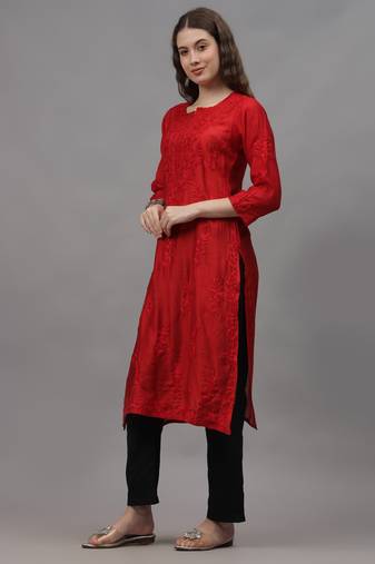 Red chanderi lucknowi chikankari kurta