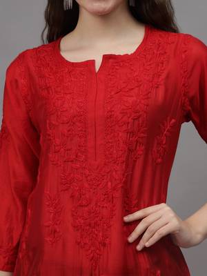 Red chanderi lucknowi chikankari kurta 2