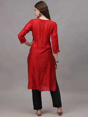 Red chanderi lucknowi chikankari kurta 3