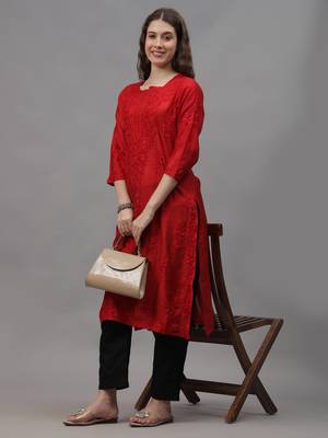 Red chanderi lucknowi chikankari kurta 4