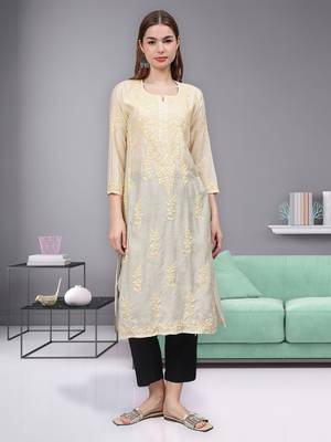 Beige chanderi lucknowi chikankari kurta 1