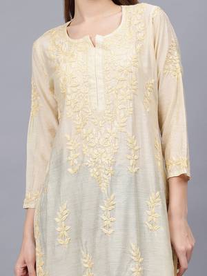 Beige chanderi lucknowi chikankari kurta 2