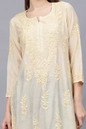 Beige chanderi lucknowi chikankari kurta