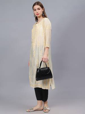 Beige chanderi lucknowi chikankari kurta 4
