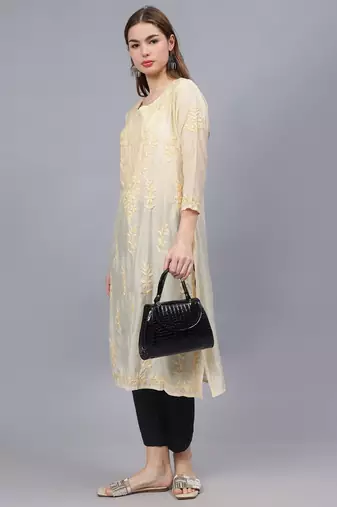 Beige chanderi lucknowi chikankari kurta