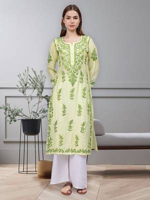 Lemon chanderi lucknowi chikankari kurta 1