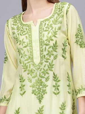 Lemon chanderi lucknowi chikankari kurta 2