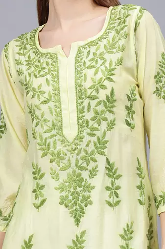 Lemon chanderi lucknowi chikankari kurta