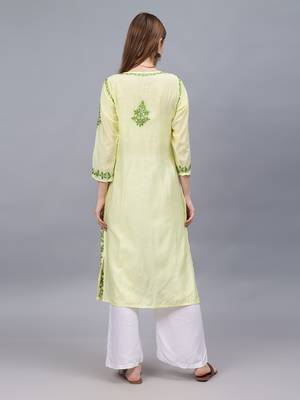 Lemon chanderi lucknowi chikankari kurta 3