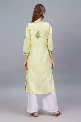 Lemon chanderi lucknowi chikankari kurta