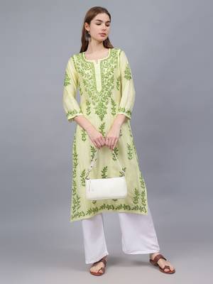 Lemon chanderi lucknowi chikankari kurta 4
