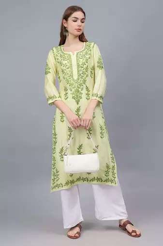 Lemon chanderi lucknowi chikankari kurta