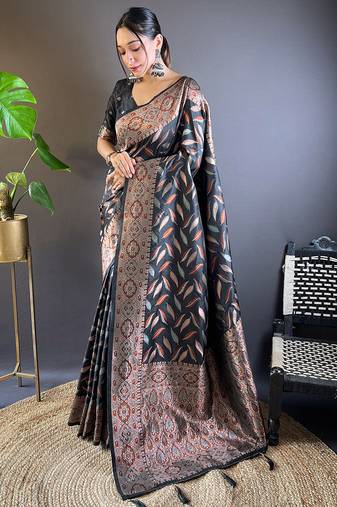 Black Soft Silk Woven Jari Designer Ethnic Indian Looks Heavy Designer Saree