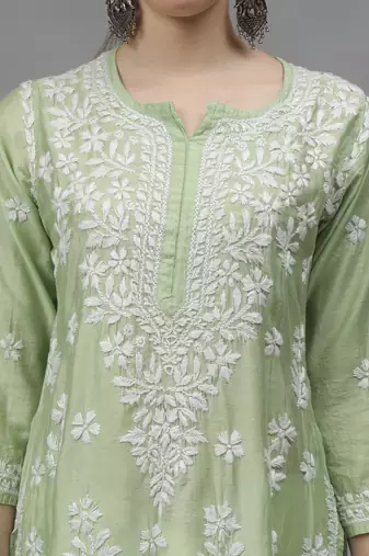 Green chanderi lucknowi chikankari kurta
