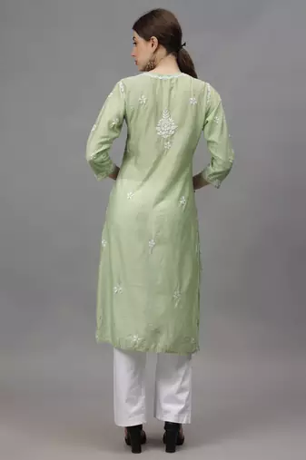 Green chanderi lucknowi chikankari kurta