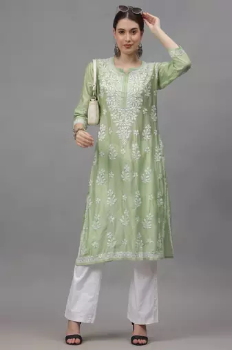 Green chanderi lucknowi chikankari kurta