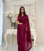 Wine Georgette Heavy Sequance Embroidery Work Bollywood Party Style Celebrity Style Girlie Fancy Saree