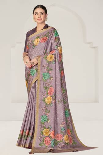 Lavender Rangkat tussar silk blend Floral Printed With Sequence Embroidery Work Heavy Wedding Ceremony Wear Saree