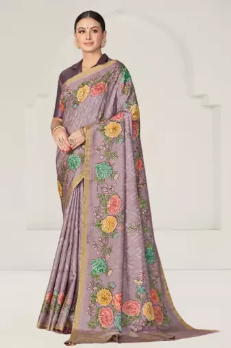 Lavender Rangkat tussar silk blend Floral Printed With Sequence Embroidery Work Heavy Wedding Ceremony Wear Saree