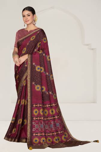 Maroon Rangkat tussar silk blend Bandhani Printed With Thread Embroidery Work Heavy Wedding Ceremony Wear Saree