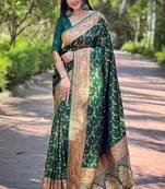 Green Faux Banarasi Silk Woven Jari Designer Ethnic Partywear Ceremonial Saree For Trendy Looks