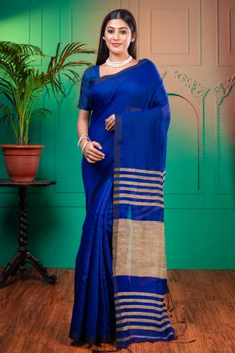 Blue handloom cotton saree with gheecha palluwith running blouse piece