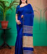 Blue handloom cotton saree with gheecha palluwith running blouse piece