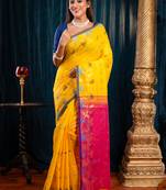Yellow handloom cotton saree with contrasting border and palluwith running blouse piece