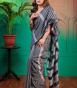 Grey handloom cotton saree with black stripe palluwith running blouse piece