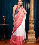 Offwhite body red and black border  begampuri pure cotton sareewith running blouse piece