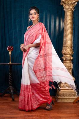 Offwhite body red and black border  begampuri pure cotton sareewith running blouse piece 2