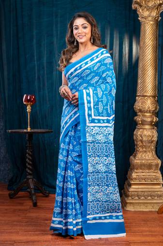 Blue pure bagru malmal cotton saree with umbrella print with running blouse piece