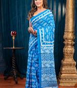 Blue pure bagru malmal cotton saree with umbrella print with running blouse piece