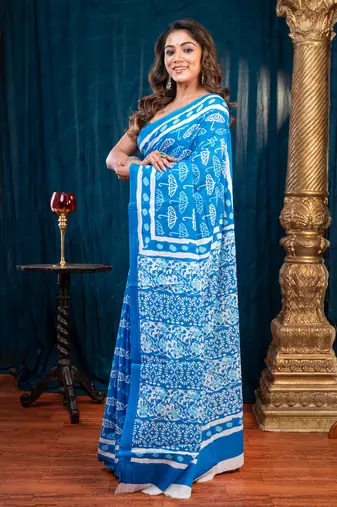 Blue  bagru malmal cotton saree with umbrella print with running blouse piece