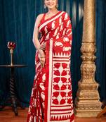 Maroon pure bagru malmal cotton saree with ambi motifs with running blouse piece
