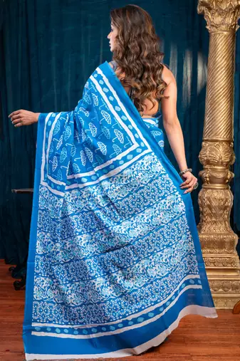 Blue  bagru malmal cotton saree with umbrella print with running blouse piece