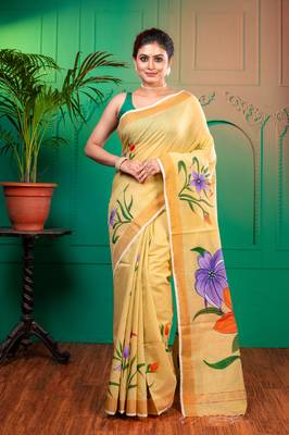 Beige handpainted cotton saree with running blouse piece 1