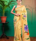 Beige handpainted cotton saree with running blouse piece