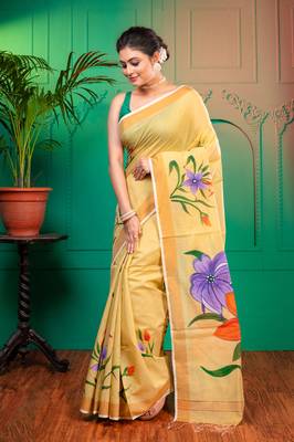 Beige handpainted cotton saree with running blouse piece 2