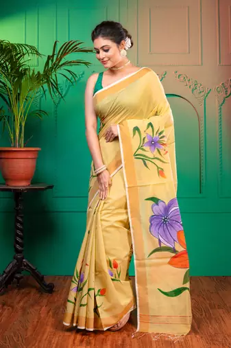 Beige handpainted cotton saree with running blouse piece