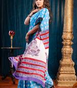 Blue pure bagru malmal cotton saree with offwhite bird motifswith running blouse piece