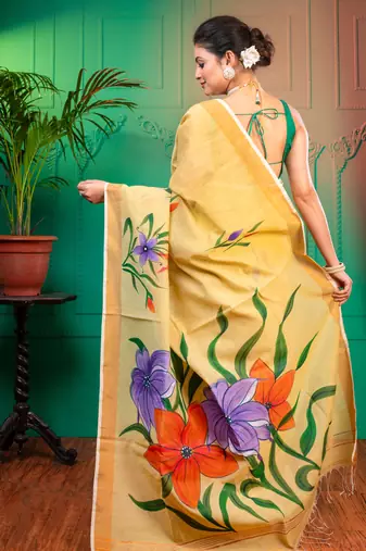 Beige handpainted cotton saree with running blouse piece