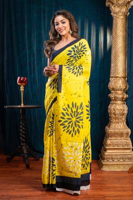 Yellow  bagru malmal cotton saree with floral motifs and black borderwith running blouse piece 1