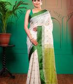 Offwhite handloom cotton saree with green velvet border and palluwith running blouse piece