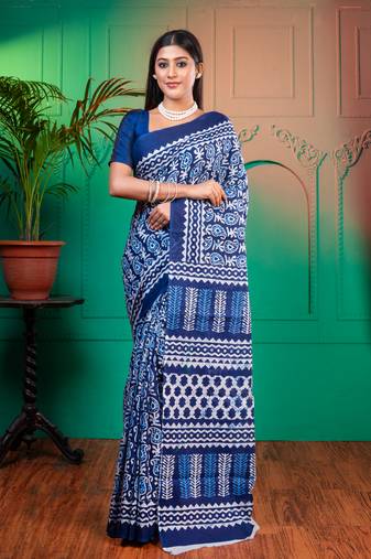 Ink blue pure bagru malmal cotton saree with jungle printwith running blouse piece