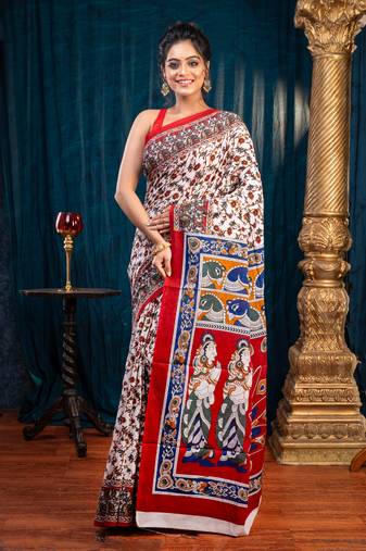 Offwhite pure bagru malmal cotton saree with red floral jaal and borderwith running blouse piece