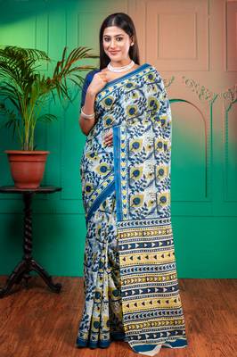 Blue  bagru malmal cotton saree with multicolor floral motifswith running blouse piece 1