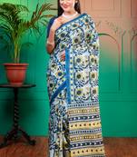 Blue pure bagru malmal cotton saree with multicolor floral motifswith running blouse piece