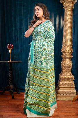 Green  bagru malmal cotton saree with multicolor floral motifswith running blouse piece 2